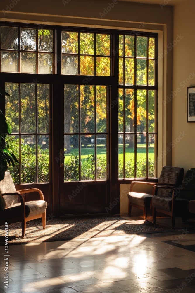 Brightly lit waiting room adjacent to a garden view Brightly lit waiting room adjacent to a garden view