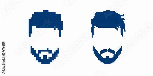 Two bearded male faces in pixel art style. minimalistic features with distinct blue color accents.