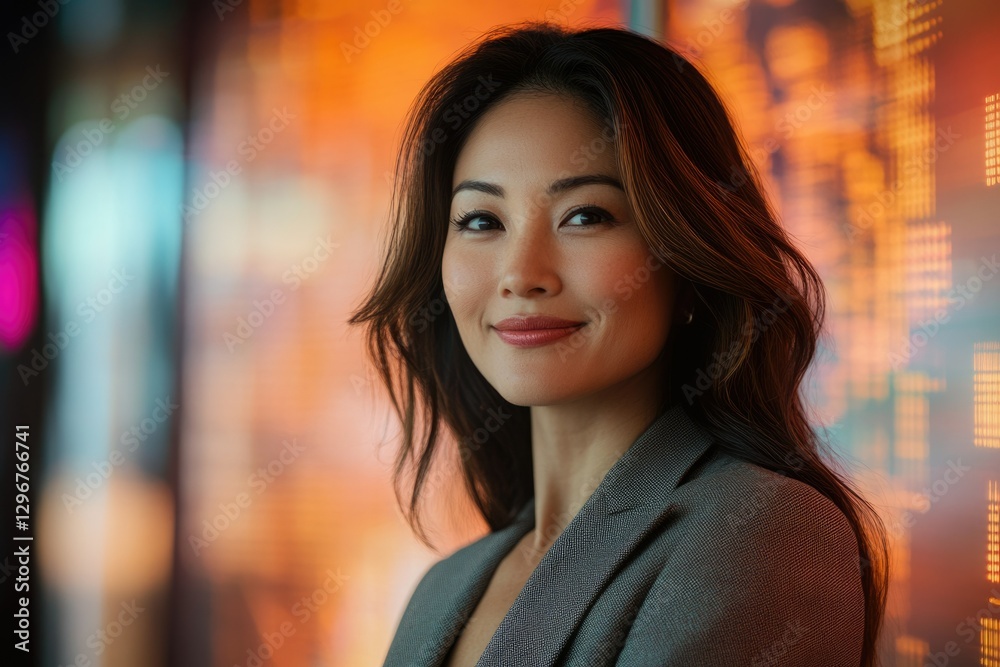 Obraz premium Confident Asian businesswoman smiles warmly, her stylish attire complementing the warm, urban backdrop.