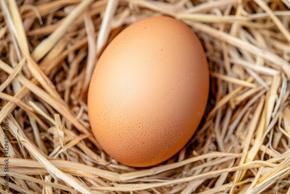 A farm-fresh brown egg resting in a nest made of straw A farm-fresh brown egg resting in a nest made of straw
