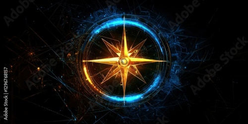 A futuristic abstract design with a glowing compass and geometric shapes.
