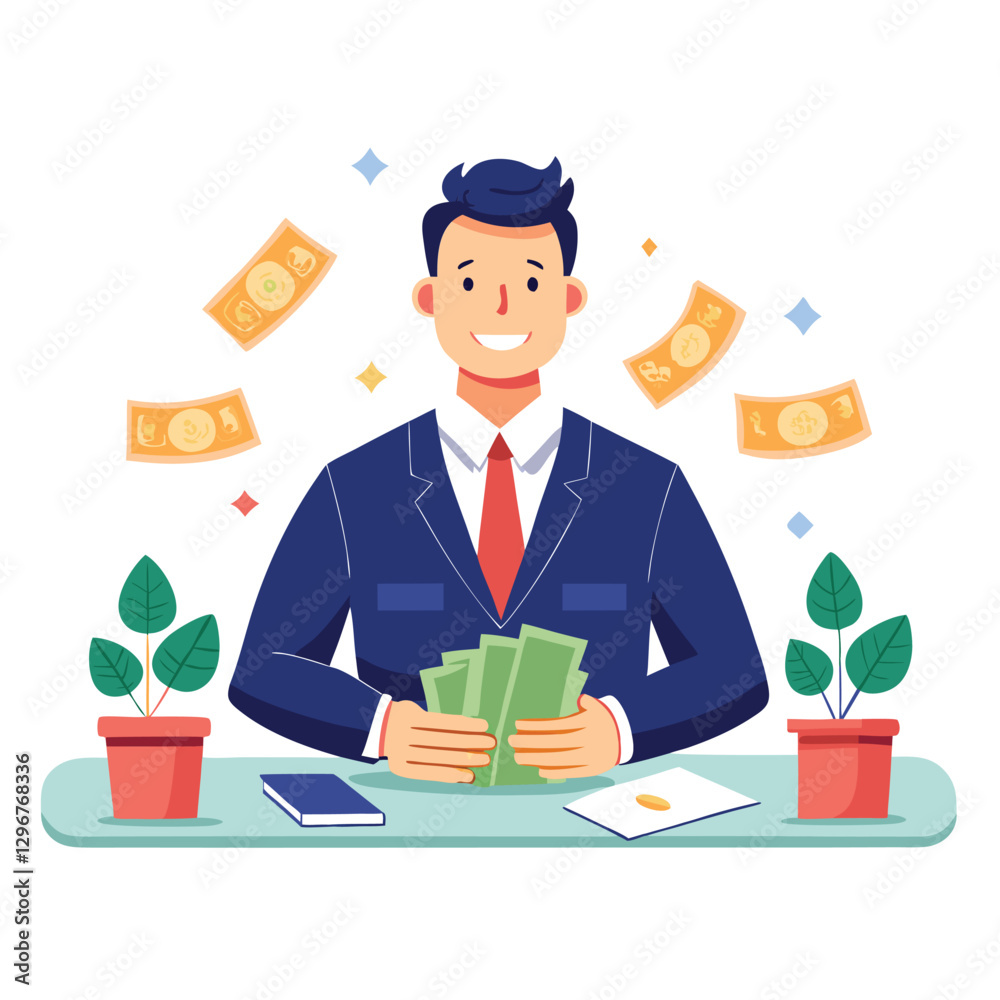 Businessman counts income. Business man sits at the table with wads of cash. Investor holds a lot of money, banknotes in hands. Financial success, wealth. give it on diffrent angel Flat isolated vecto Businessman counts income. Business man sits at the table with wads of cash. Investor holds a lot of money, banknotes in hands. Financial success, wealth. give it on diffrent angel Flat isolated vecto