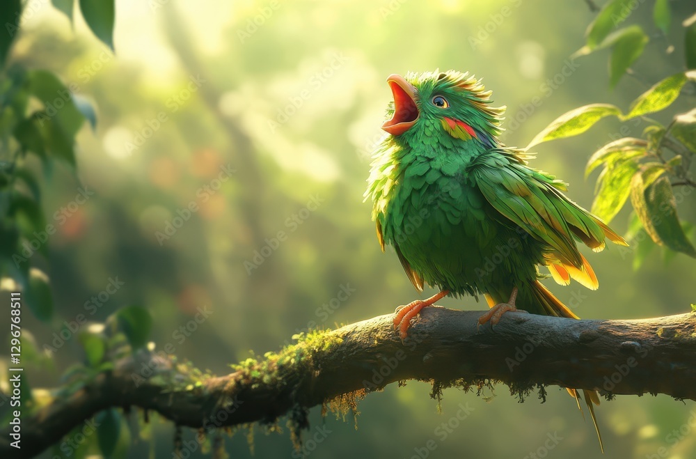 Colorful Green Bird Singing on a Branch in Lush Forest Environment with Sunlight Streaming Through Leaves Colorful Green Bird Singing on a Branch in Lush Forest Environment with Sunlight Streaming Through Leaves
