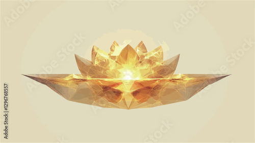 The image presents a stylized, abstract representation of a lotus blossom.  The lotus is rendered in shades of gold, with a strong light source emanating from its center. The petals exhibit a
