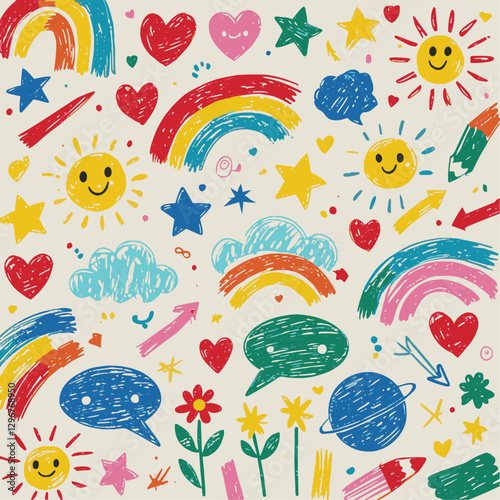 Modern vector-style image featuring playful crayon-like doodles, easily editable.