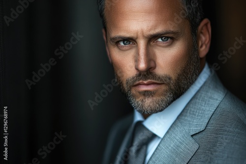 A serious, handsome man with graying hair and beard, wearing a gray suit and light blue shirt, stares intensely at the camera. photo