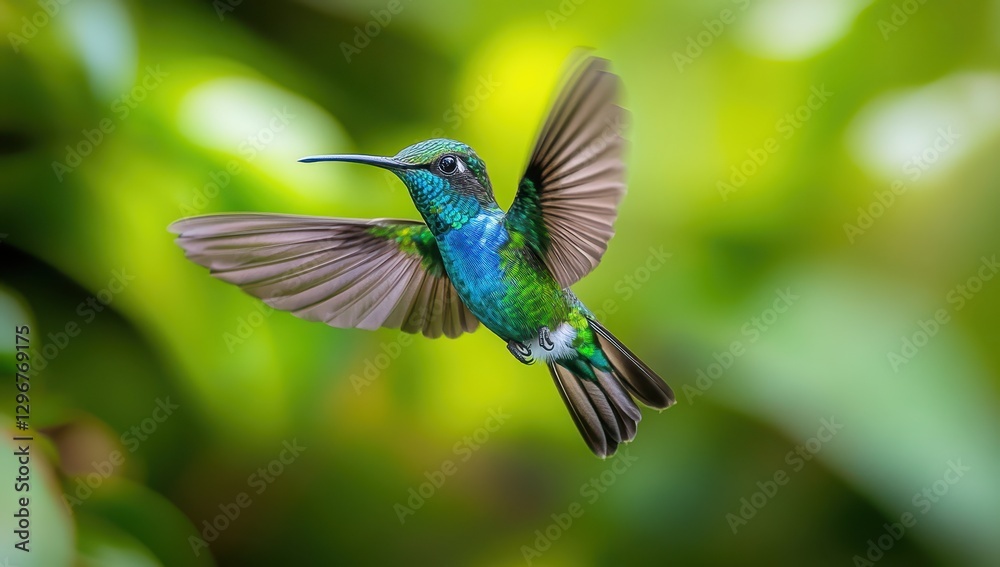Fototapeta premium Colorful hummingbird in flight showcasing beautiful feathers against a lush green background creating a serene and vibrant nature scene