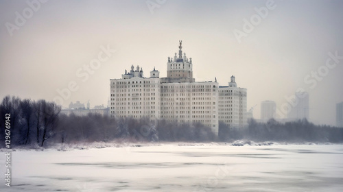 Historic Stalinist-era building in winter fog, surrounded by a frozen river and bare trees, evoking Soviet architecture and nostalgia