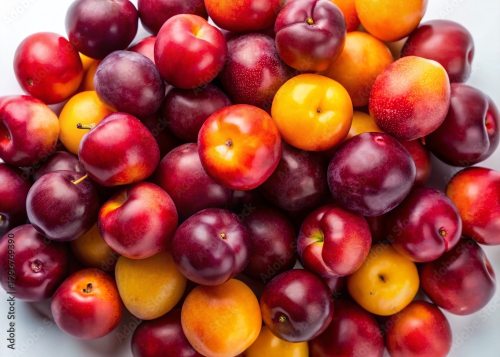 Ripe Red and Yellow Plums Pile Aerial View White Background Stock Photo Ripe Red and Yellow Plums Pile Aerial View White Background Stock Photo