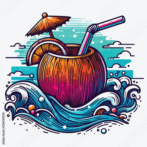 Cocktail in coconut shell on the wave background. Design element for poster, card, banner. stock illustration