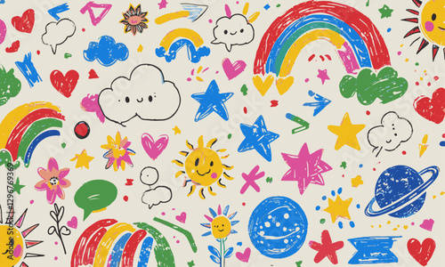 Modern vector-style image featuring playful crayon-like doodles, easily editable.