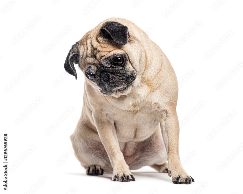 Obraz premium Pug dog sitting and looking down with a sad expression, isolated on white background