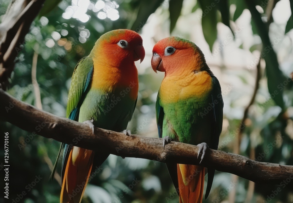 Colorful Pair of Birds Perched on a Branch Surrounded by Green Foliage in a Lush Tropical Environment Colorful Pair of Birds Perched on a Branch Surrounded by Green Foliage in a Lush Tropical Environment