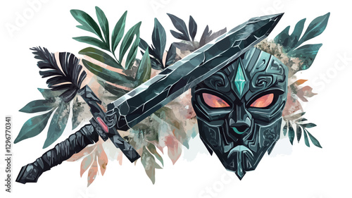 Digital illustration depicting a dark, ornate sword and a stylized mask set against a backdrop of lush, tropical leaves. The sword features a detailed hilt and blade, rendered in shades of dark