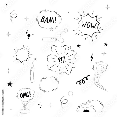 Comic explosions and bombs form speech bubbles with words like these BAM. W.O.W . OMG.