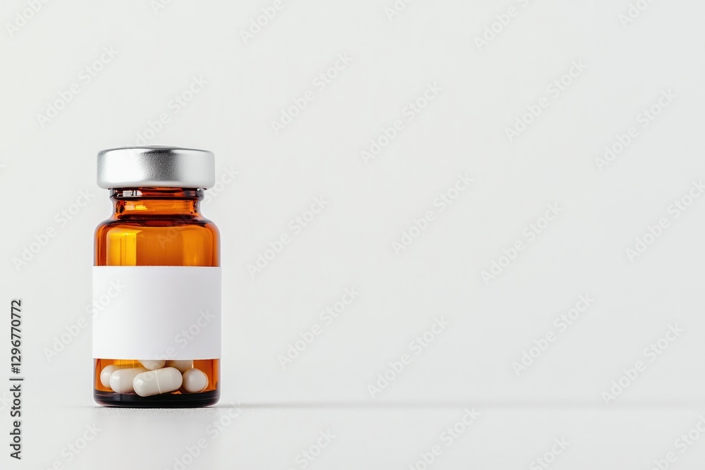 Amber vial containing pills on minimalistic background emphasize Amber vial containing pills on minimalistic background emphasize