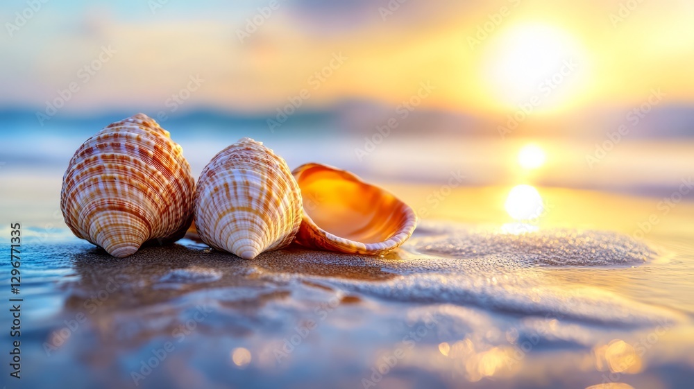 Beautiful Shells Resting on a Sandy Beach with the Sun Setting in the Background Beautiful Shells Resting on a Sandy Beach with the Sun Setting in the Background