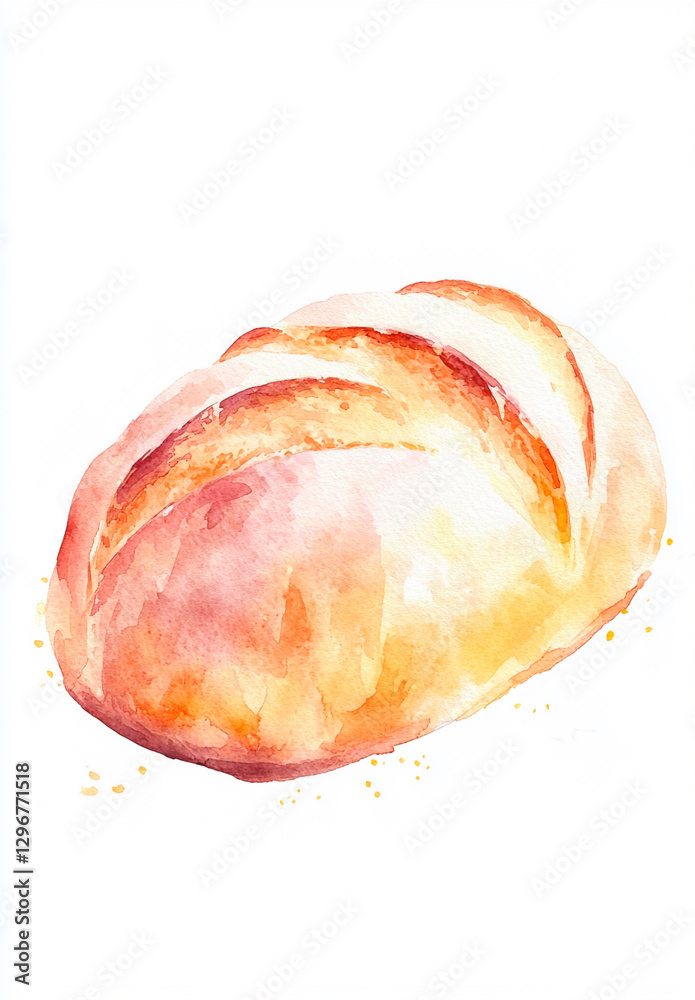 Obraz premium Watercolor illustration of freshly baked bread with a golden crust, depicting warmth, home baking, and traditional artisan food