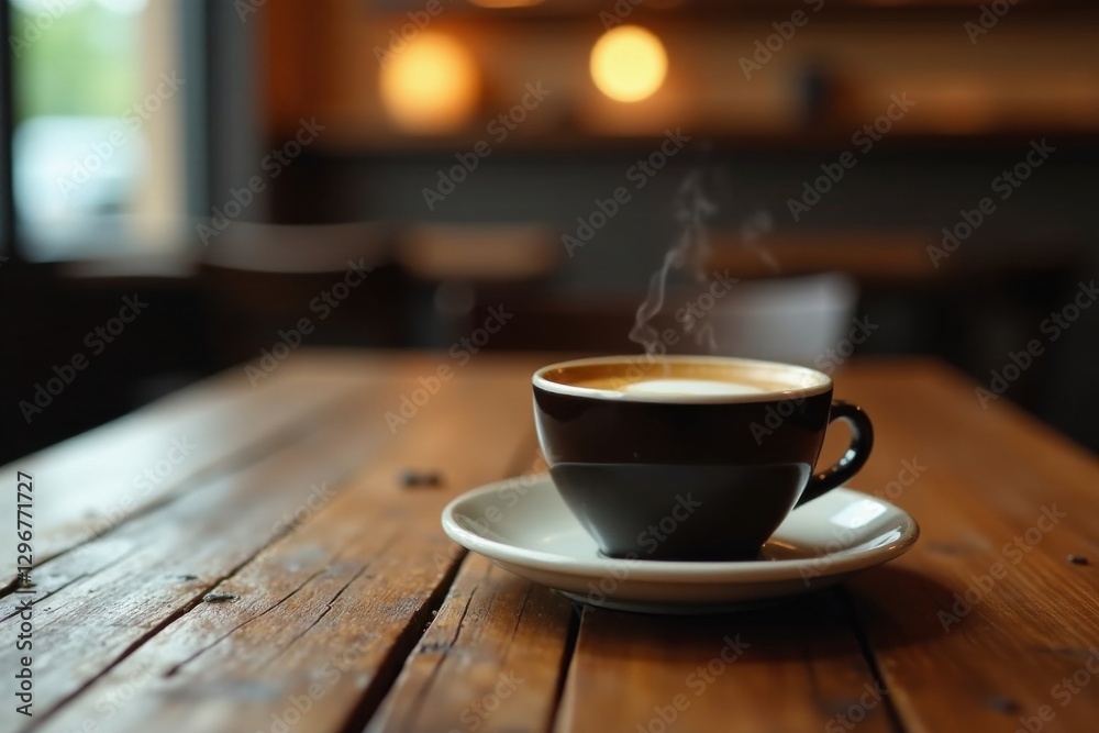 Aromatic Steam Rising from a Dark Cup of Latte on Rustic Wooden Table Aromatic Steam Rising from a Dark Cup of Latte on Rustic Wooden Table
