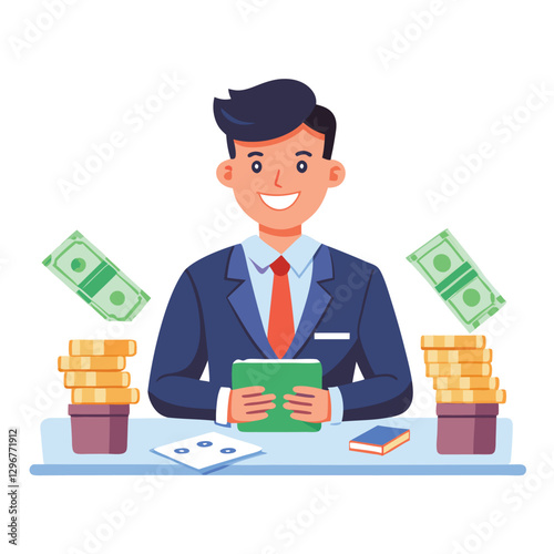Businessman counts income. Business man sits at the table with wads of cash. Investor holds a lot of money, banknotes in hands. Financial success, wealth. give it on diffrent angel Flat isolated vecto