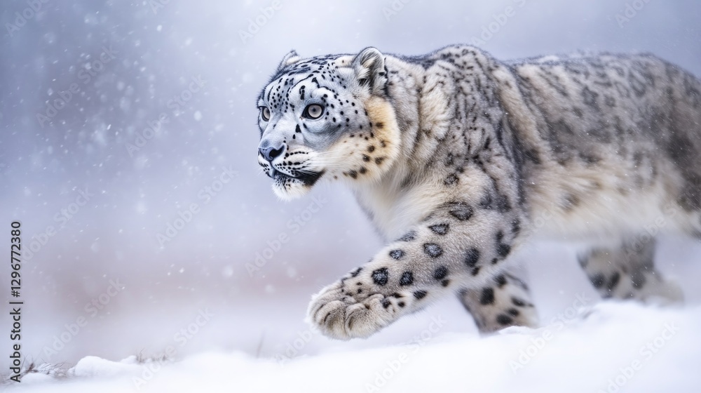Fototapeta premium Snow leopard gracefully traverses snowy landscape, showcasing st