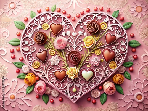 Romantic Valentine's Day Papercut Heart with Chocolate Sweets & Flowers