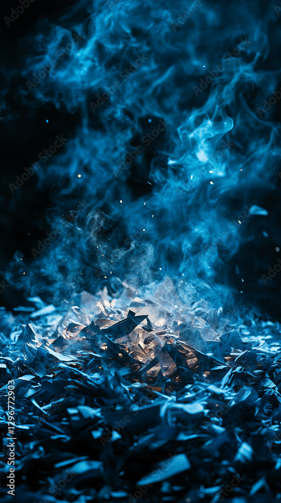 Shredded paper burning with blue smoke rising, representing the destruction of documents and confidential data, symbolizing privacy protection and data security concerns. Shredded paper burning with blue smoke rising, representing the destruction of documents and confidential data, symbolizing privacy protection and data security concerns.