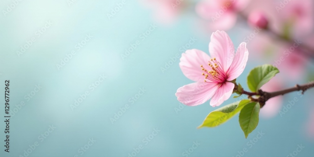 Fototapeta premium Delicate Pink Blossom on a Branch Against a Soft Blue Background, a Symbol of Spring's Gentle Arrival and the Beauty of Nature's Renewal