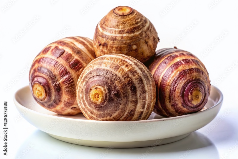 Rotating Whole Taro Corms: Close-up Macro Photography on White Background Rotating Whole Taro Corms: Close-up Macro Photography on White Background