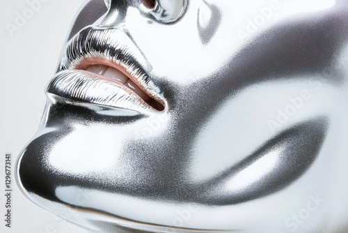A fluid metallic beauty look, silver chrome highlights melting into dewy skin, creating an abstract futuristic aesthetic