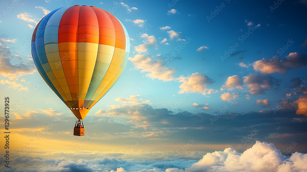 Obraz premium A colorful hot air balloon is floating in the sky above a cloudy backdrop
