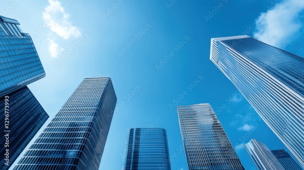 Skyscrapers Reaching Towards Bright Blue Sky in Urban Cityscape with Clear Daylight and Stunning Architecture Skyscrapers Reaching Towards Bright Blue Sky in Urban Cityscape with Clear Daylight and Stunning Architecture