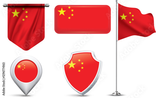 A set of 5 different designs of the People's Republic of China flag in various shapes
