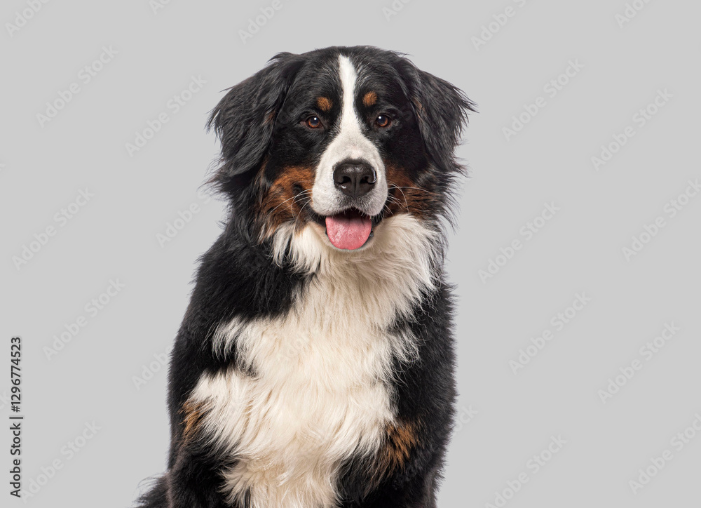 Head shot of Happy Bernese mountain dog on a grey background and looking at the camera with its tongue out Head shot of Happy Bernese mountain dog on a grey background and looking at the camera with its tongue out