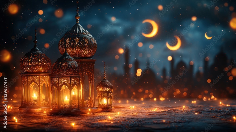 Obraz premium Illuminated lanterns and crescent moons against a night sky backdrop.