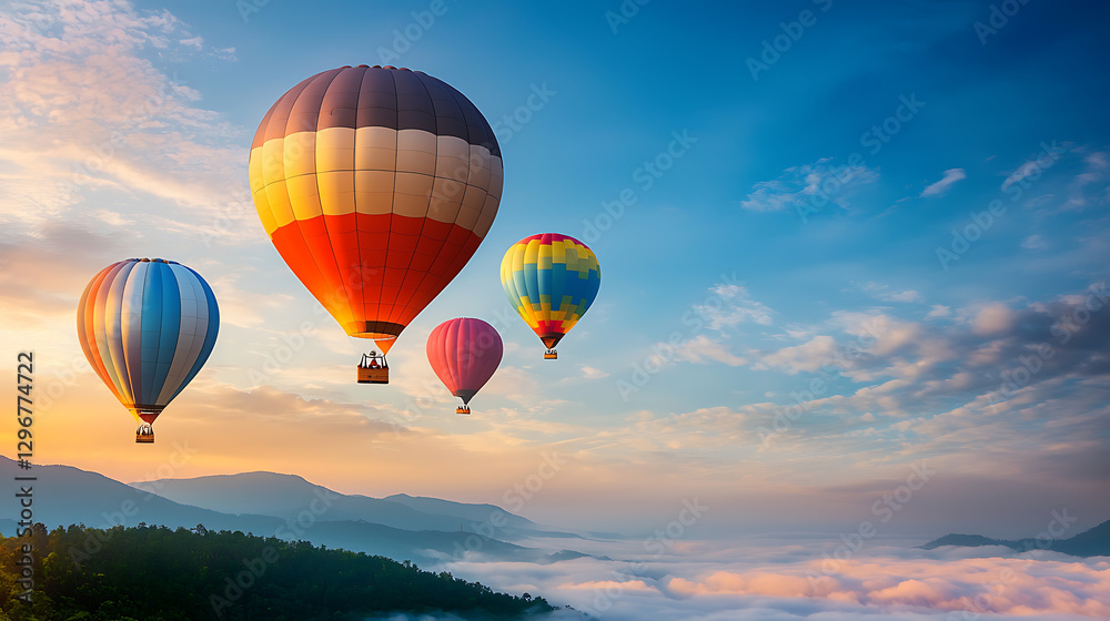 Obraz premium Four hot air balloons are flying in the sky, with the clouds below them