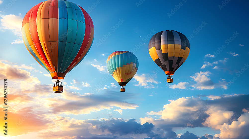 Fototapeta premium Three hot air balloons are flying in the sky, with one of them being yellow