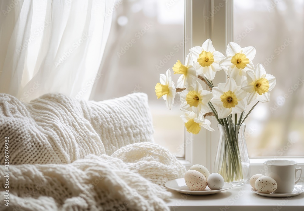 Cozy Indoor Scene with Daffodils and Soft Textiles by a Window in Natural Light