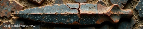Ancient flint spearhead with cracks on stone plate, spearhead, stone, ancient