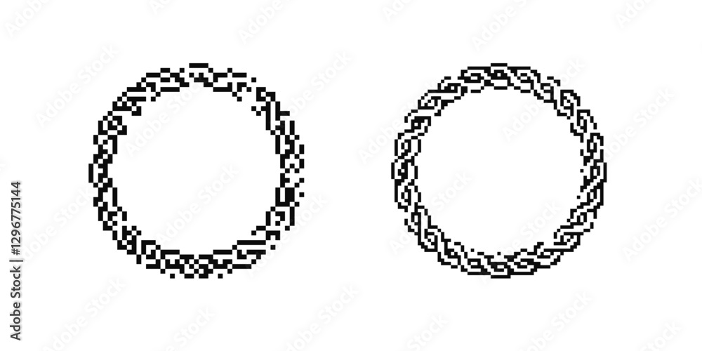 Fototapeta premium Two circular black pixel art wreaths created with simple geometric patterns shown side by side.