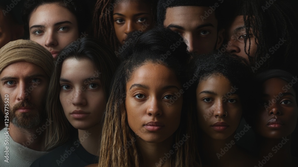 Obraz premium Diverse group of individuals with varying expressions, showcasing unity and cultural richness in a dimly lit setting