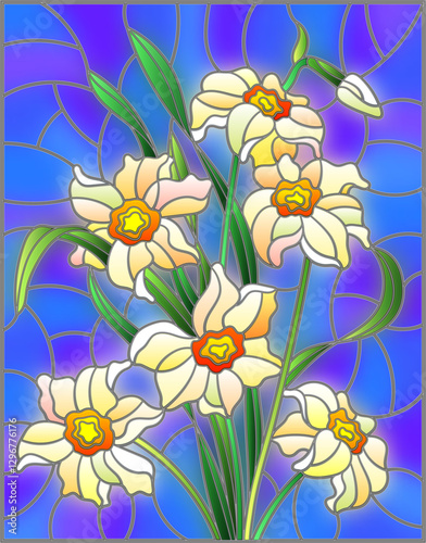 Illustration in stained glass style with yellow daffodils on blue background  rectangular image