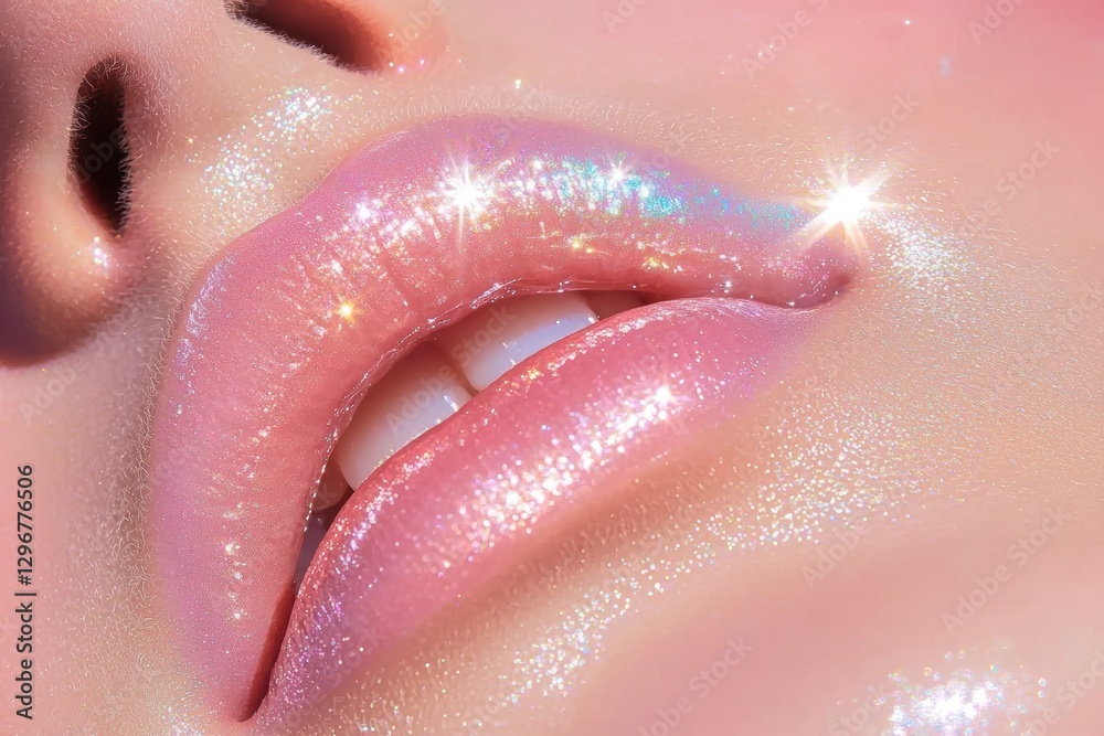 Fototapeta premium A retro-modern fusion beauty aesthetic, pastel eyeshadow, glossy lips, and an iconic vintage glow