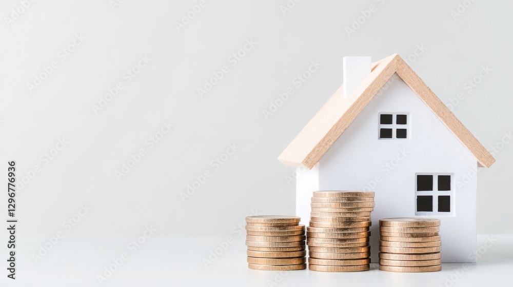 Model house with stacks of coins representing investment in real estate and home ownership financial planning Model house with stacks of coins representing investment in real estate and home ownership financial planning