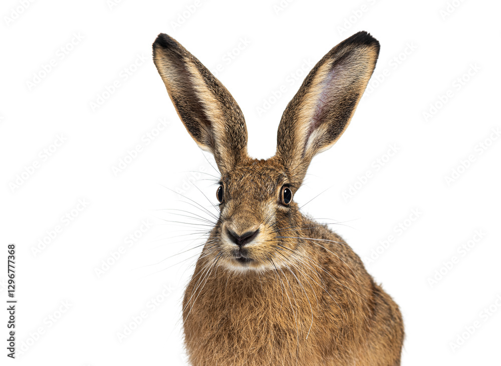 Obraz premium European hare or brown hare, lepus europaeus, close up portrait showing its long ears and whiskers, isolated on white