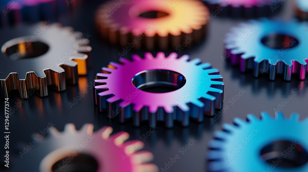 Close-up of metallic, colorful gears in vibrant hues such as purple, pink, and blue, symbolizing creativity, innovation, and machinery, showcasing their interlocking precision. Close-up of metallic, colorful gears in vibrant hues such as purple, pink, and blue, symbolizing creativity, innovation, and machinery, showcasing their interlocking precision.
