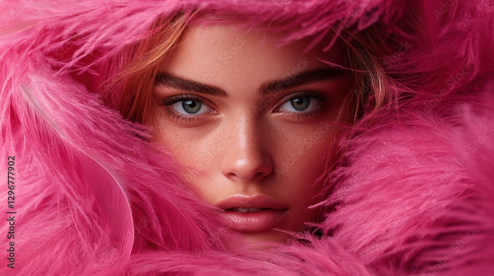 A mesmerizing image of a young woman enveloped in pink feathers, showcasing her expressive eyes and flawless skin, echoing themes of beauty and femininity. A mesmerizing image of a young woman enveloped in pink feathers, showcasing her expressive eyes and flawless skin, echoing themes of beauty and femininity.