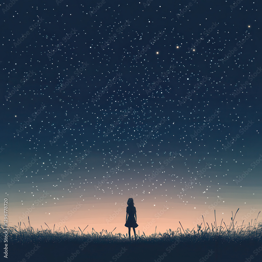 silhouette of girl standing in field under starry night sky, evoking sense of wonder and tranquility silhouette of girl standing in field under starry night sky, evoking sense of wonder and tranquility