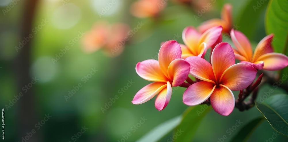 Fototapeta premium fragrant frangipani flowers on Oahu tree branches, oahu, blooming