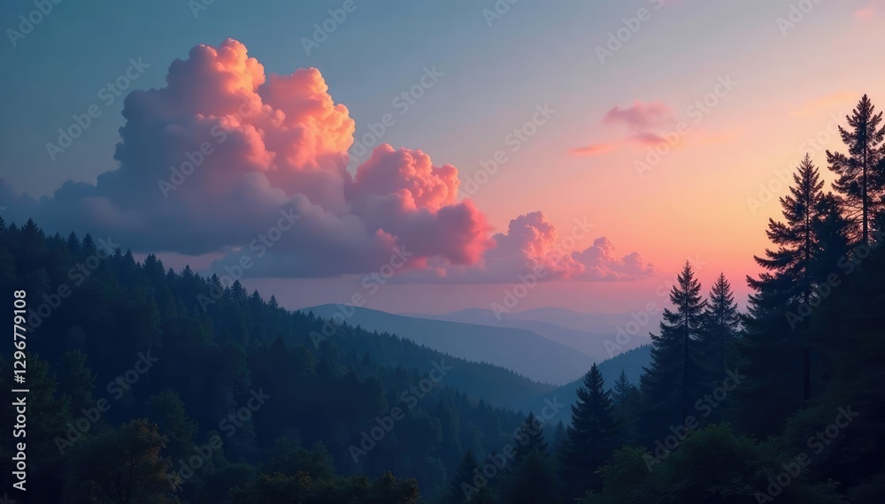 Fototapeta premium Gentle clouds float above a quiet forest at dusk, twilight, forest, trees
